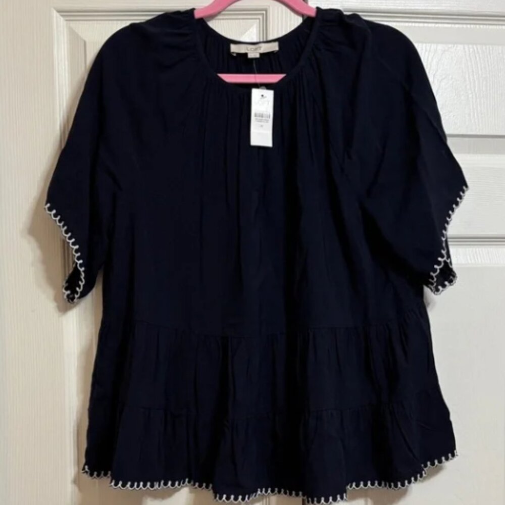 NWT LOFT Navy Peplum top with Short Ruffle White Trim Sleeves Size XS Petite